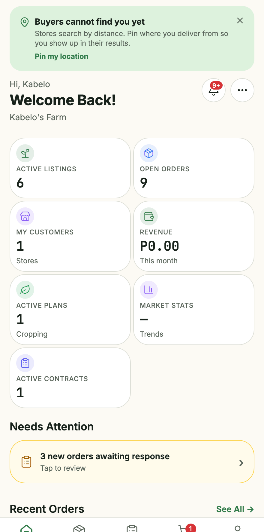 The farmer home screen showing counts for active listings, open orders, customers and contracts