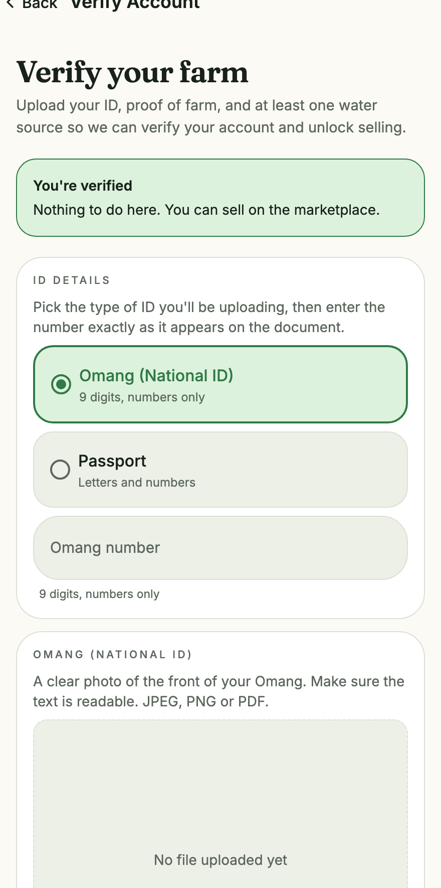 The identity verification screen asking for an Omang or passport